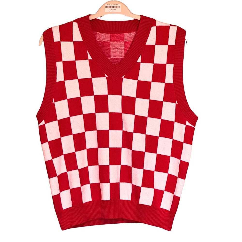 Red and White Checkered Sweater Vest - Size 0XL